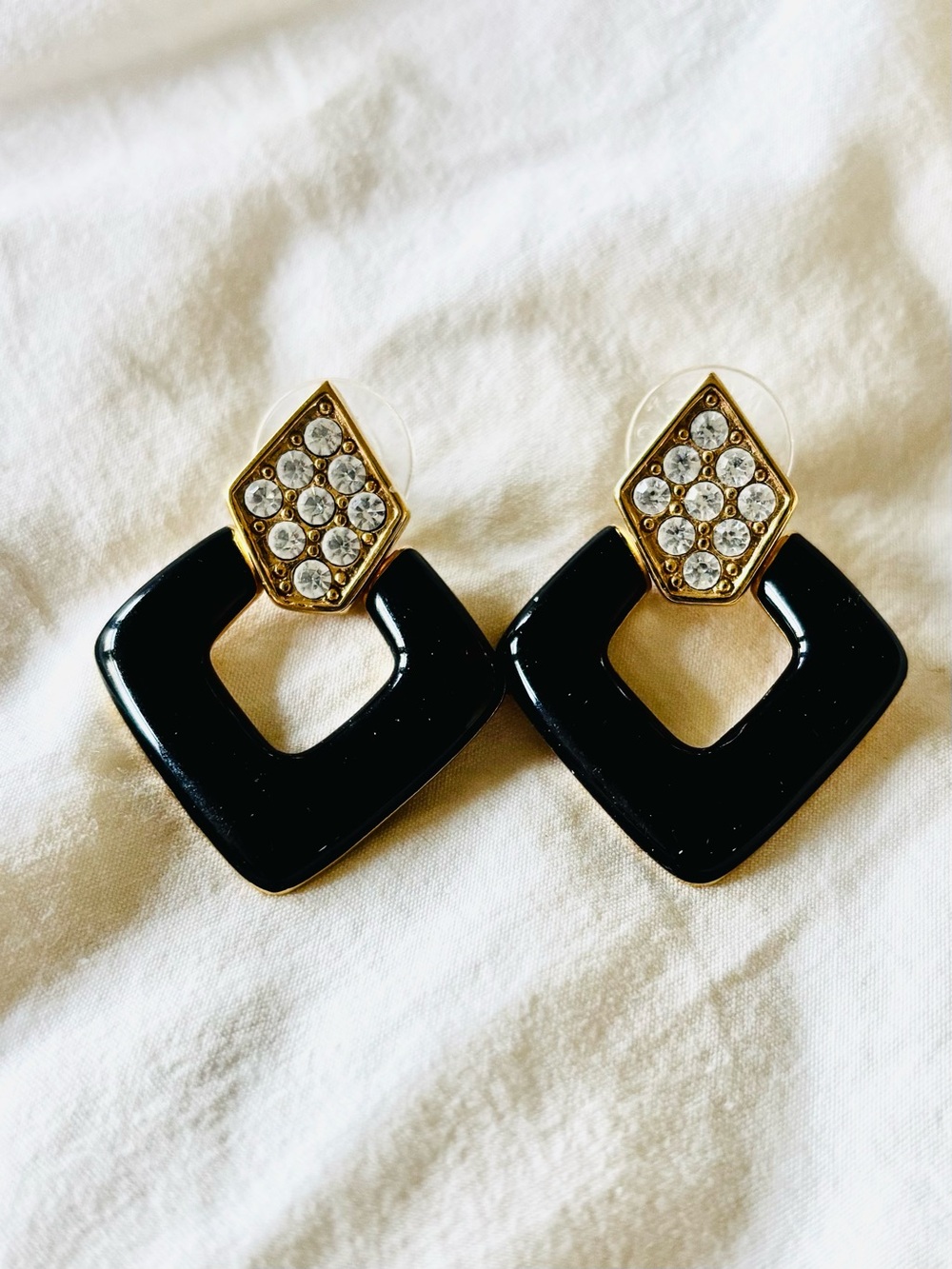 Vintage Monet earrings goldtone diamond shape stud rhinestones diamond black